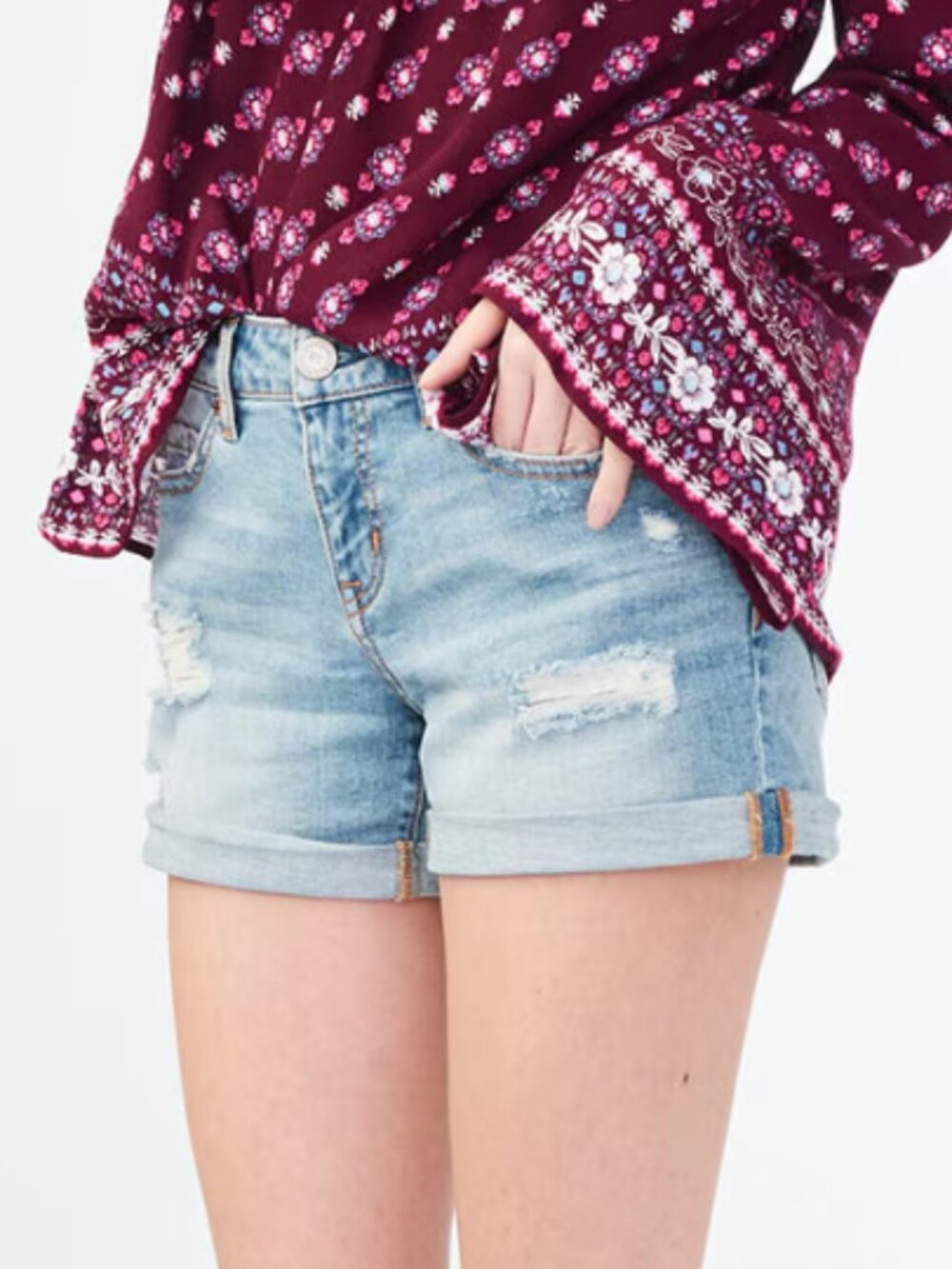 AEROPOSTALE AERO Light Wash Destroyed Denim Midi Shorts Ripped Cuffed JUNIORS 2